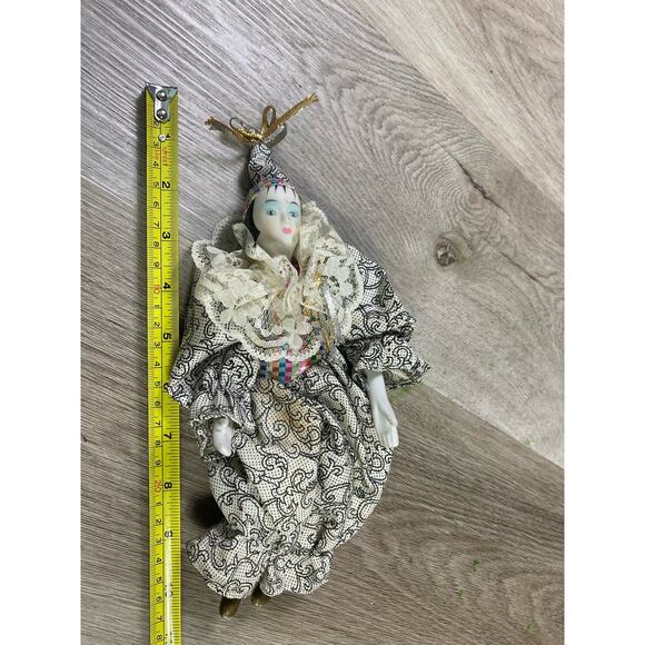 Vintage Harlequin Porcelain Clown Doll 10” Hand Painted Figurine Lace Ruffle - Picture 2 of 10